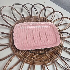 Vintage Pink Ceramic Basketweave Soap Dish Braided Trim Glossy Trinket Tray